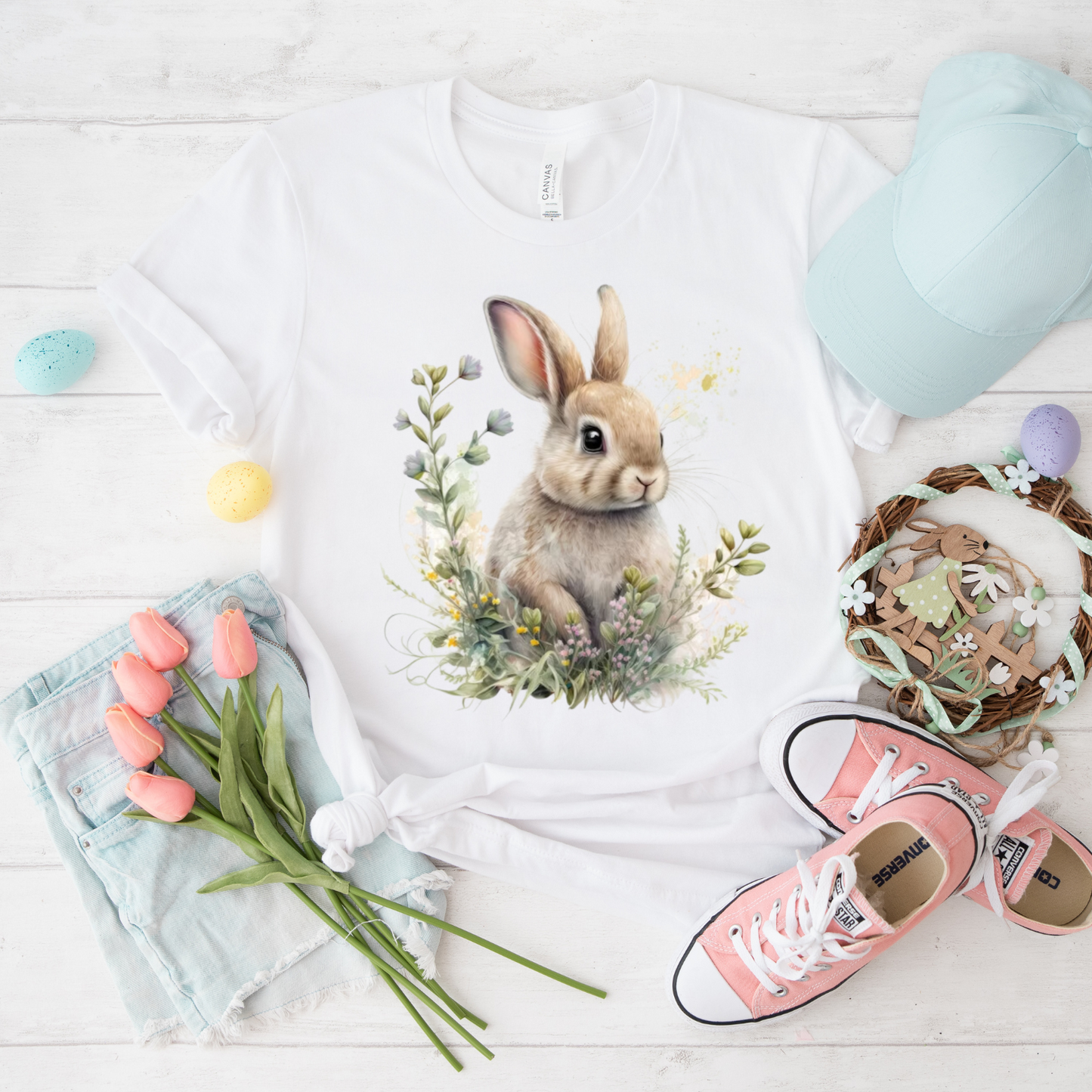 Cute Rabbit Floral T-Shirt, Unisex Tee, Animal Lovers Gift, Spring Fashion, Easter Outfit, Nature Inspired Apparel
