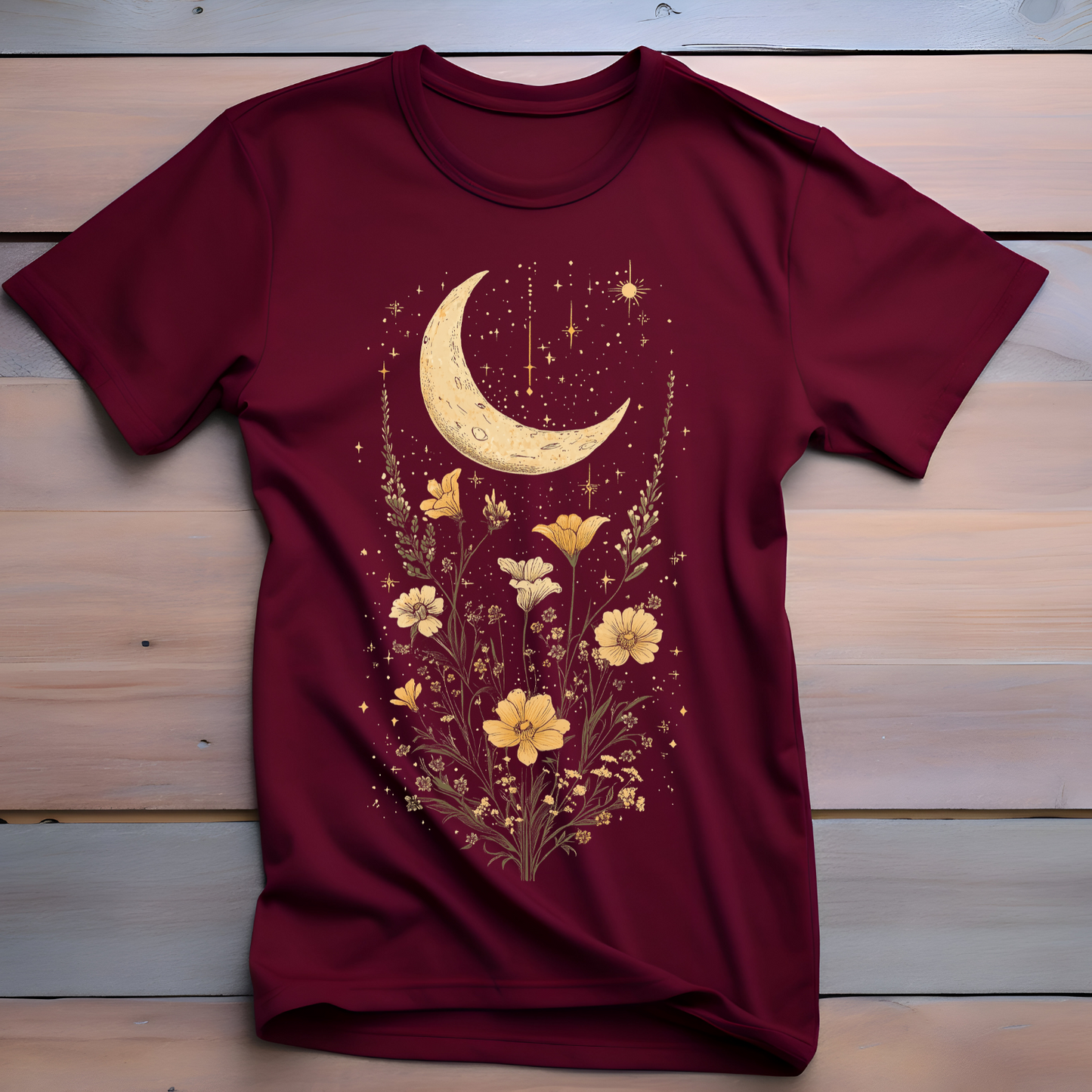 Moonlit Floral Unisex Softstyle T-Shirt - Night Sky Design for Nature Lovers, Celestial Cottage Core Shirt