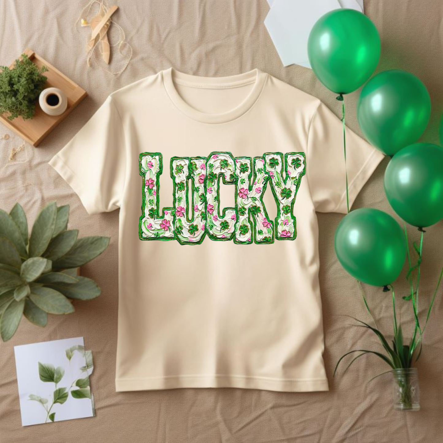 Lucky Floral T-Shirt — Green Clover & Pink Flower Graphic Tee, St. Patrick's Day Shirt