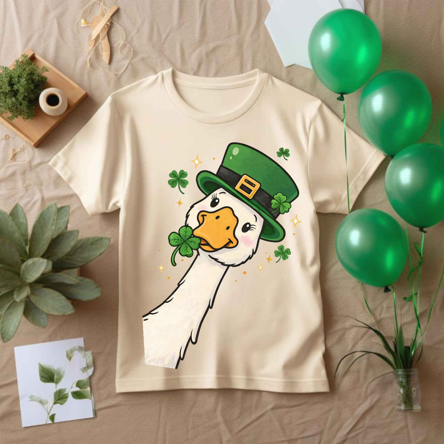 St. Patrick's Day Goose T-Shirt — Cute Leprechaun Hat & Shamrock Design