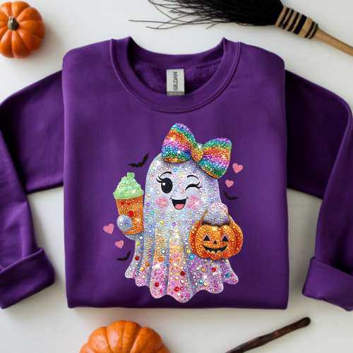 Cute Rainbow Ghost Halloween Sweatshirt - Trick or Treat Pumpkin & Ice Cream Design