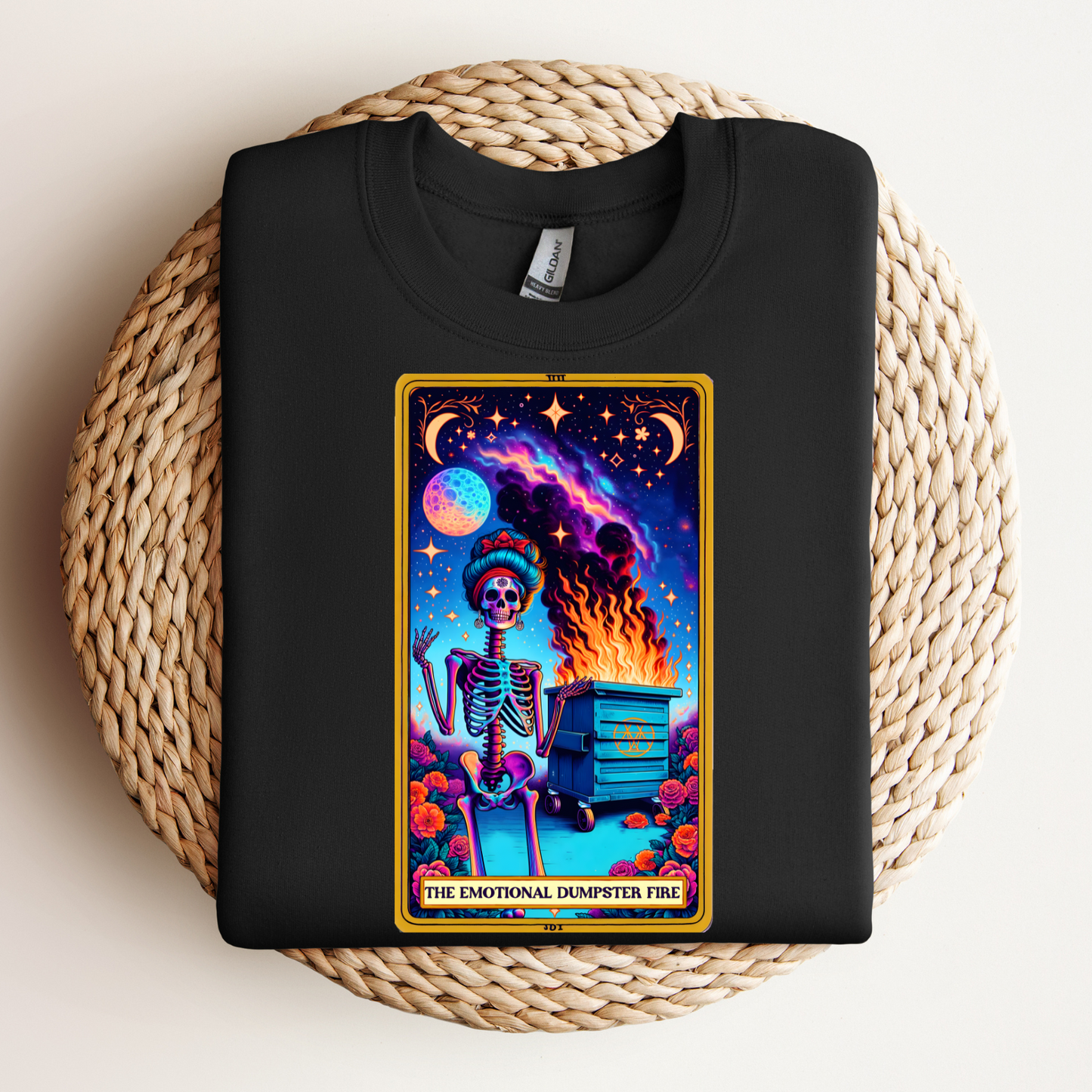 Emotional Dumpster Fire Skeleton Tee -The Emotional Dumpster Fire Funny Tarot Card T-Shirt, Witchy Skull Tarot T-Shirt, Funny Witchy Skeleton Shirt