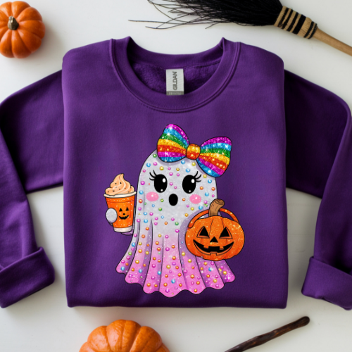 Cute Halloween Ghost Sweatshirt with Rainbow Bow — Trick-or-Treat Pumpkin & Cupcake Design