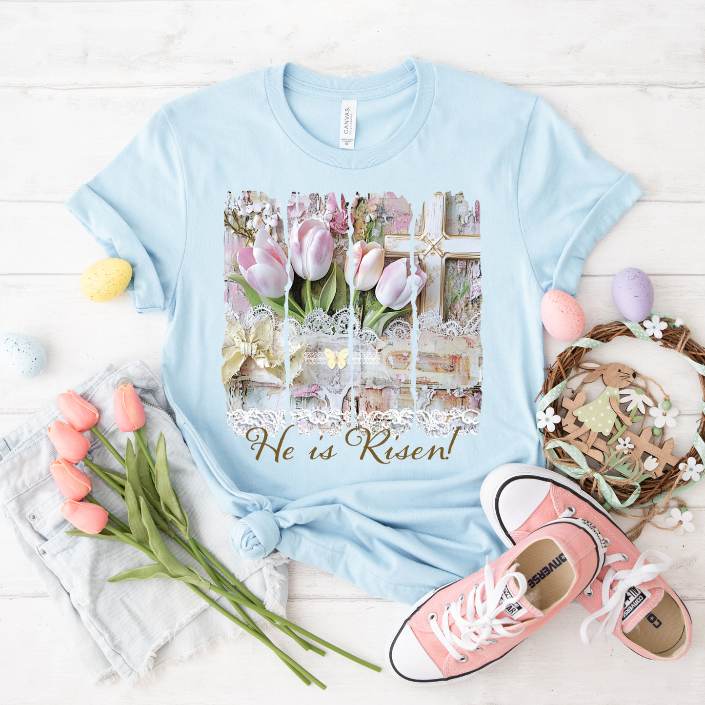 He Is Risen Tulip T‑Shirt — Easter Floral Christian Tee