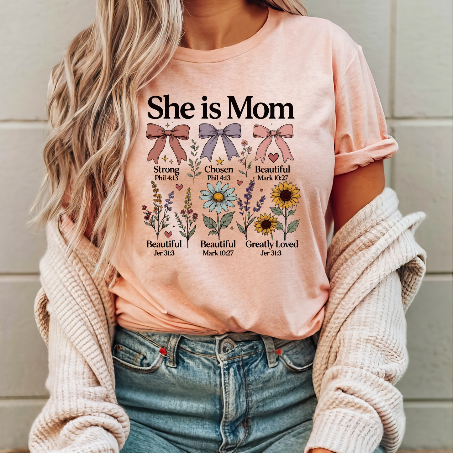 She Is Mom T-Shirt — Inspirational Christian Mom Tee (She is Mom: Strong, Chosen, Beautiful) Mother's Day Shirt