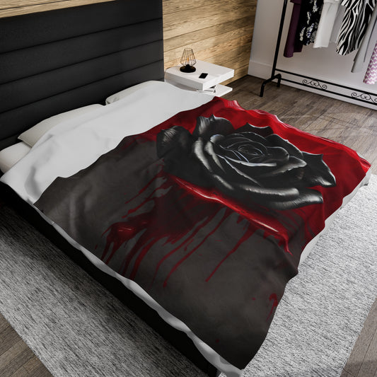 Dripping Black Rose Velveteen Plush Blanket, Black Rose Blanket, Gothic Rose Blanket, Halloween Blanket, Dipping Black Rose Gift