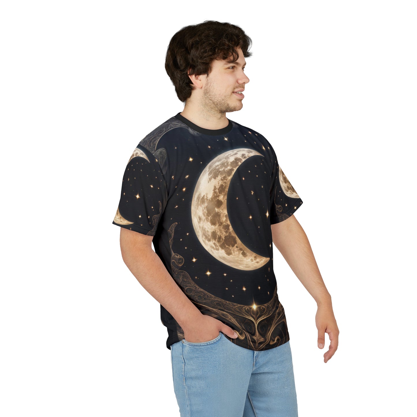 Celestial Moon Unisex Cut & Sew Tee - Night Sky Graphic T-Shirt, Celestial Crescent Moon AOP Shirt
