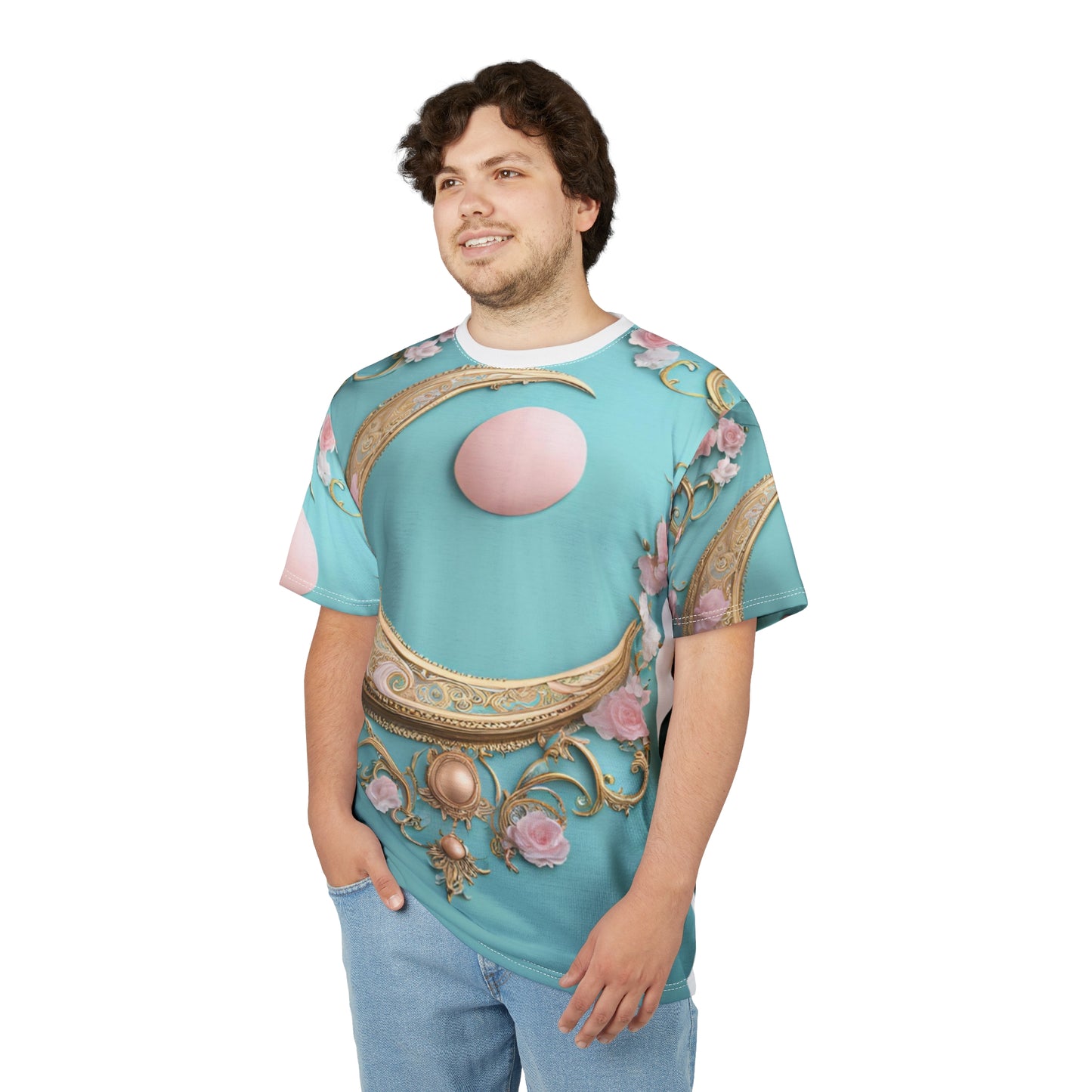 Elegant Moon & Floral Unisex Tee - Stylish Cut & Sew Design, Elegant Crescent Moon AOP Shirt
