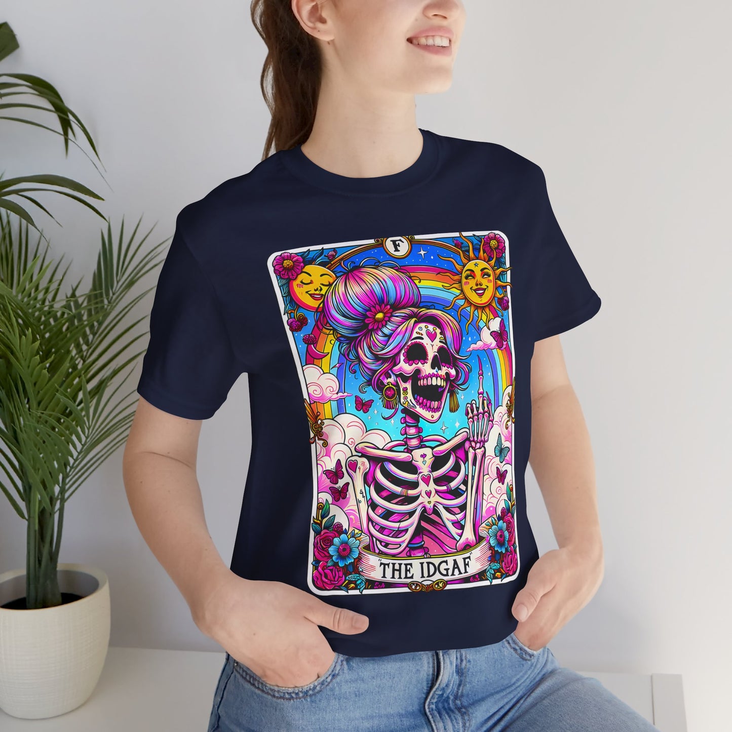 IDGAF Skeleton Art Unisex Jersey Tee - Colorful Graphic T-Shirt for Day of the Dead & Everyday Vibes, The sarcastic Sweary TShirt, Trendy Skeleton Skull Tee Shirt, Sassy Funny Witchy TIDGAF Funny Tarot Card T-Shirt, Sa-Shirt,Sarcastic Tee Shirt