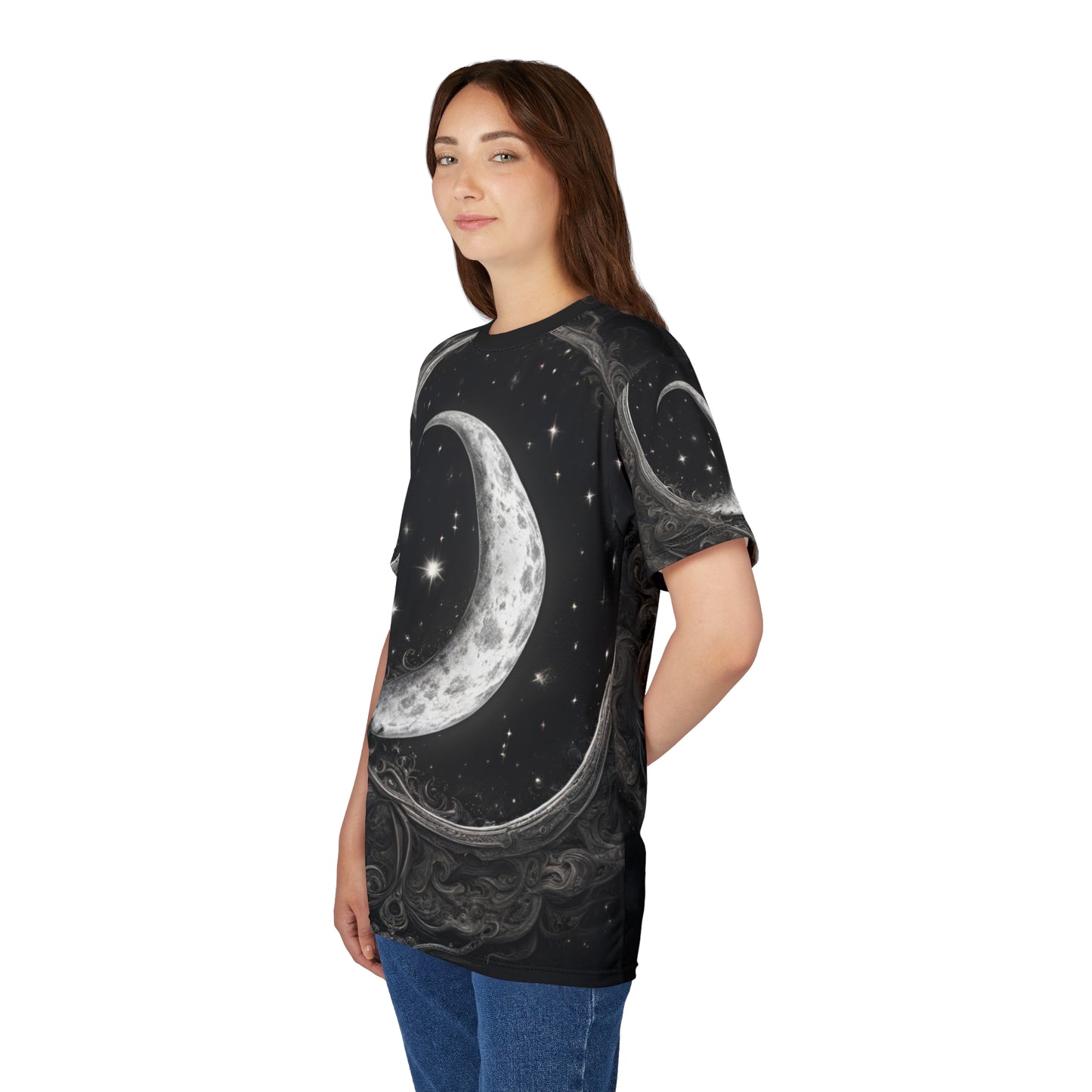 Celestial Moon Unisex Tee - Cosmic Black Design, Black and White Celestial Crescent Moon AOP Shirt