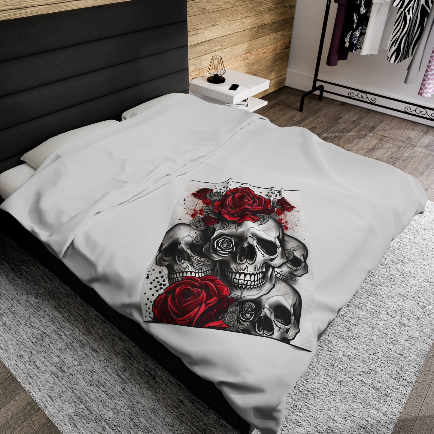 Skull and Roses Velveteen Plush Blanket, Skull and Roses Blanket, Halloween Blanket, Gothic Blanket, Skelton Blanket, Skull Goth Blanket
