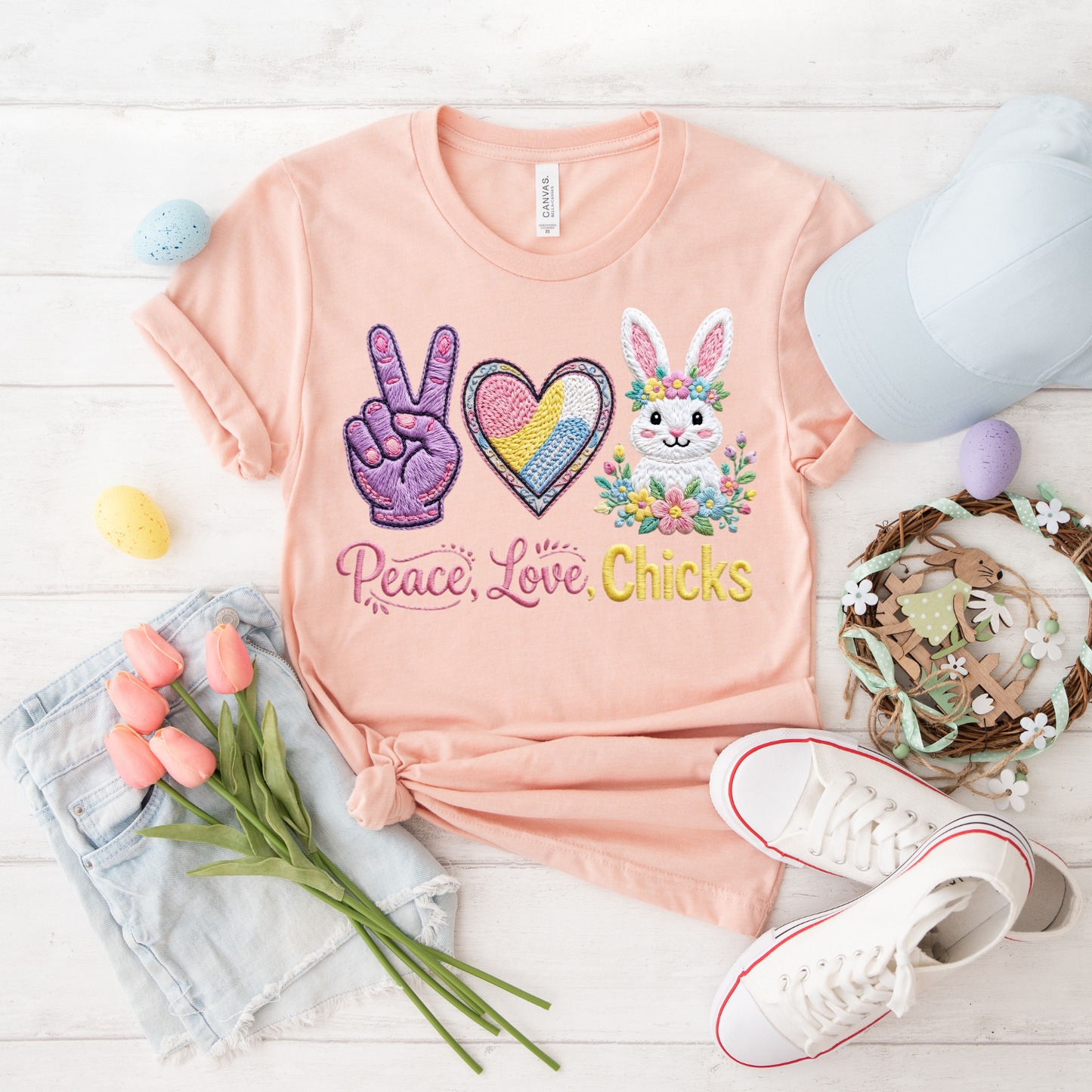 Peace, Love, Chicks Tee — Easter Bunny & Heart Graphic T-Shirt