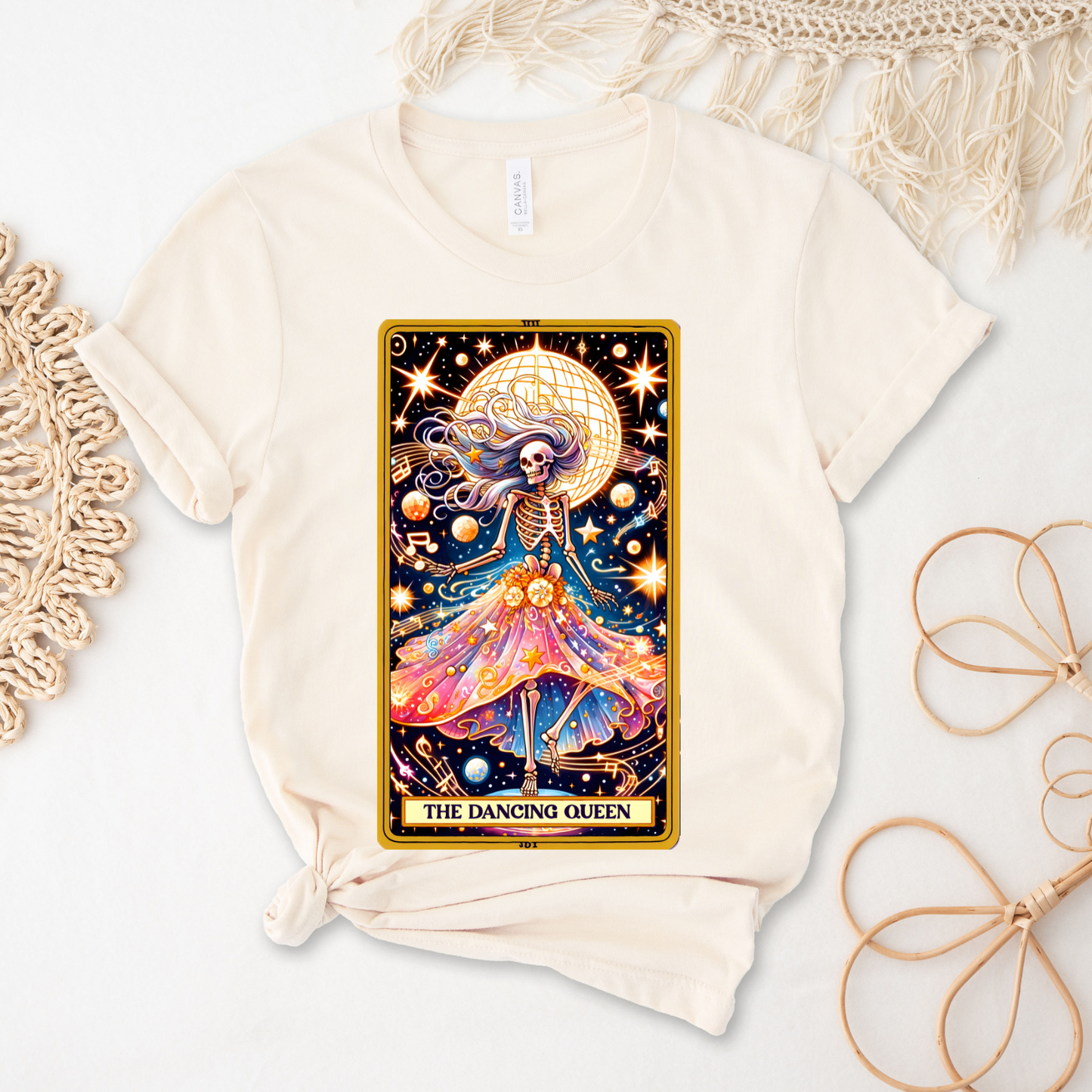 Dancing Queen Graphic Tee, Dancing Queen Skeleton Tarot Card T-Shirt, Aesthetic Goth Apparel, Witchy Clothing, Mystical Tarot Top for Women