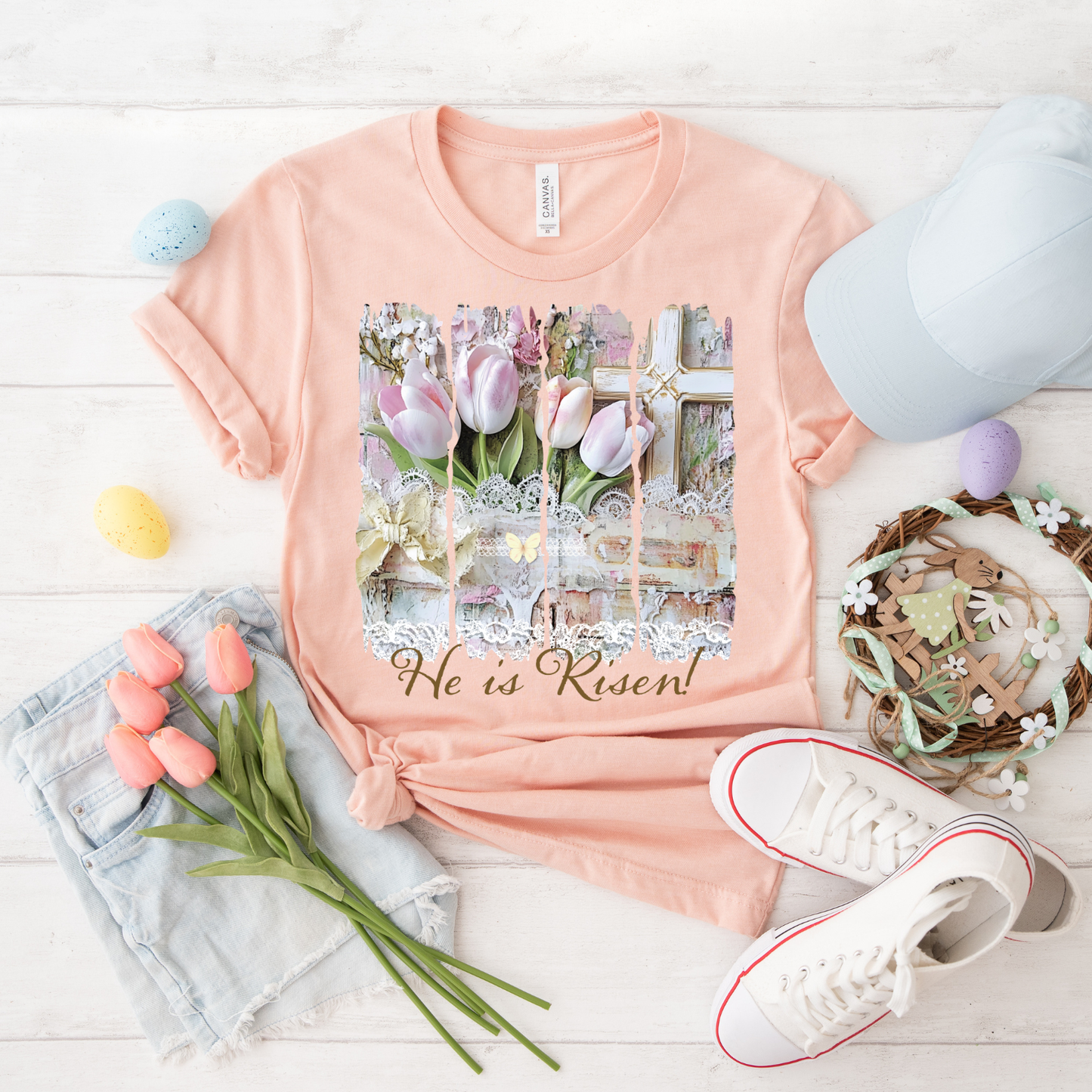 He Is Risen Tulip T‑Shirt — Easter Floral Christian Tee