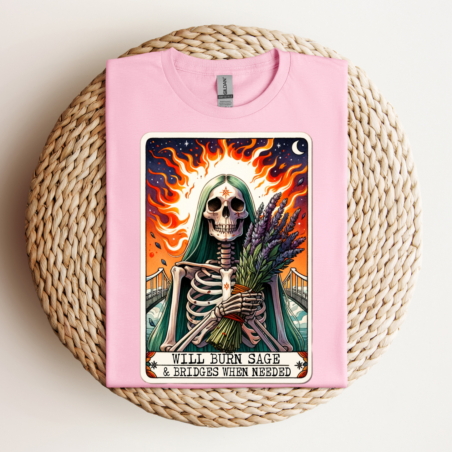 Will Burn Sage & Bridges Unisex Tee - Spooky Vibes for the Bold ,Not Enough Sage Funny Tarot Card , Sarcastic Sweary Skeleton Tarot Card, Adult Humor Witchy Gothic T-Shirt