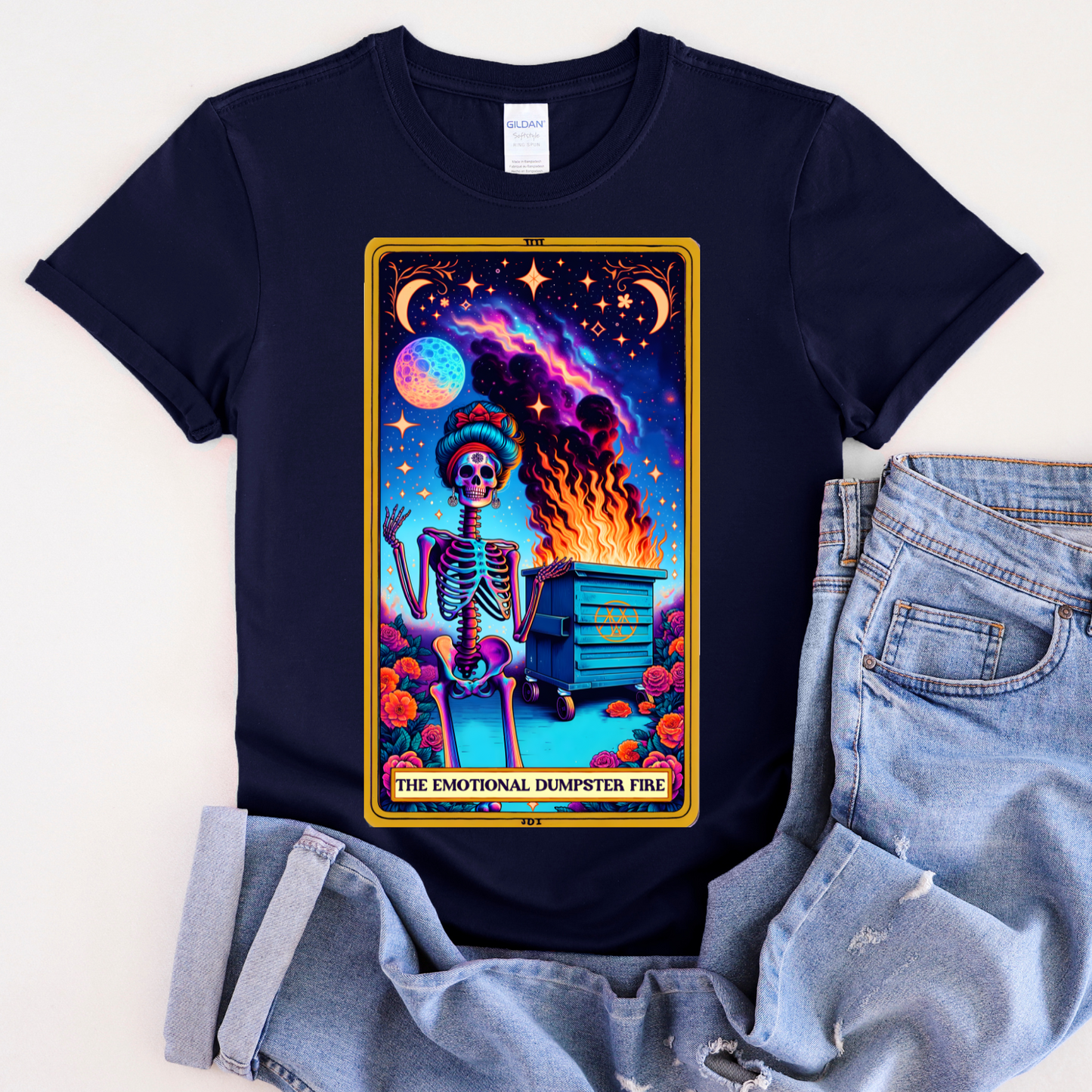 Emotional Dumpster Fire Skeleton Tee -The Emotional Dumpster Fire Funny Tarot Card T-Shirt, Witchy Skull Tarot T-Shirt, Funny Witchy Skeleton Shirt