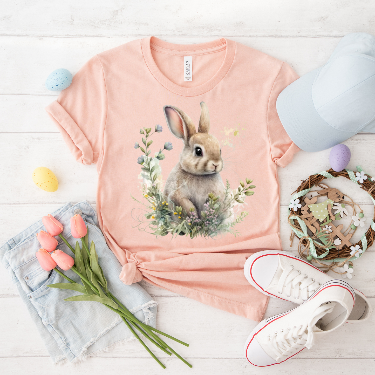 Cute Rabbit Floral T-Shirt, Unisex Tee, Animal Lovers Gift, Spring Fashion, Easter Outfit, Nature Inspired Apparel