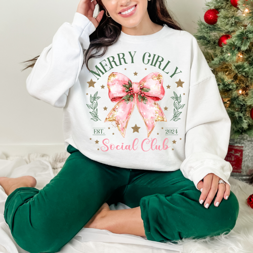 Merry Girly Social Club Sweatshirt, Cozy Holiday Pullover, Christmas Gift for Friends, Cute Sweatshirt, Winter Casual Wear