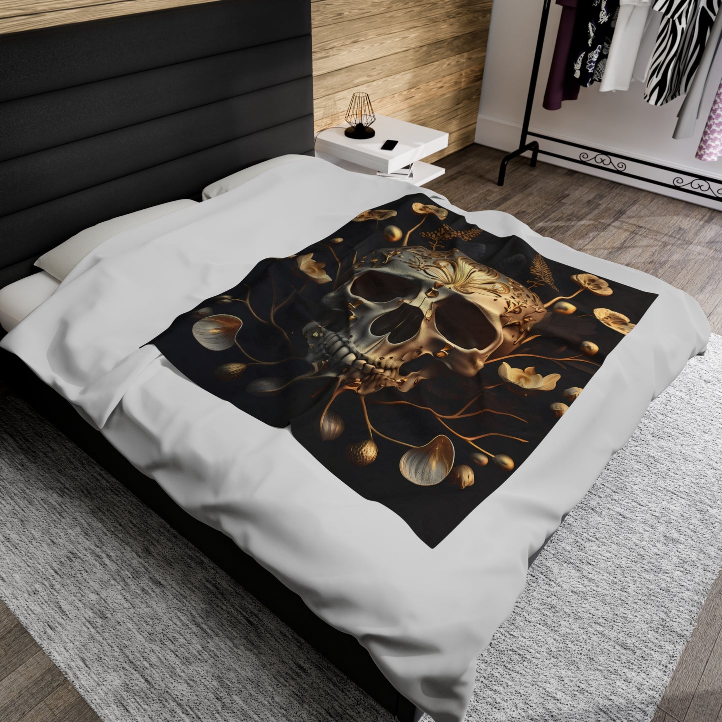 Skull and Flowers Velveteen Plush Blanket, Skull and Flowers Blanket, Gothic Design Blanket, Halloween Blanket, Skull and Flowers Gift