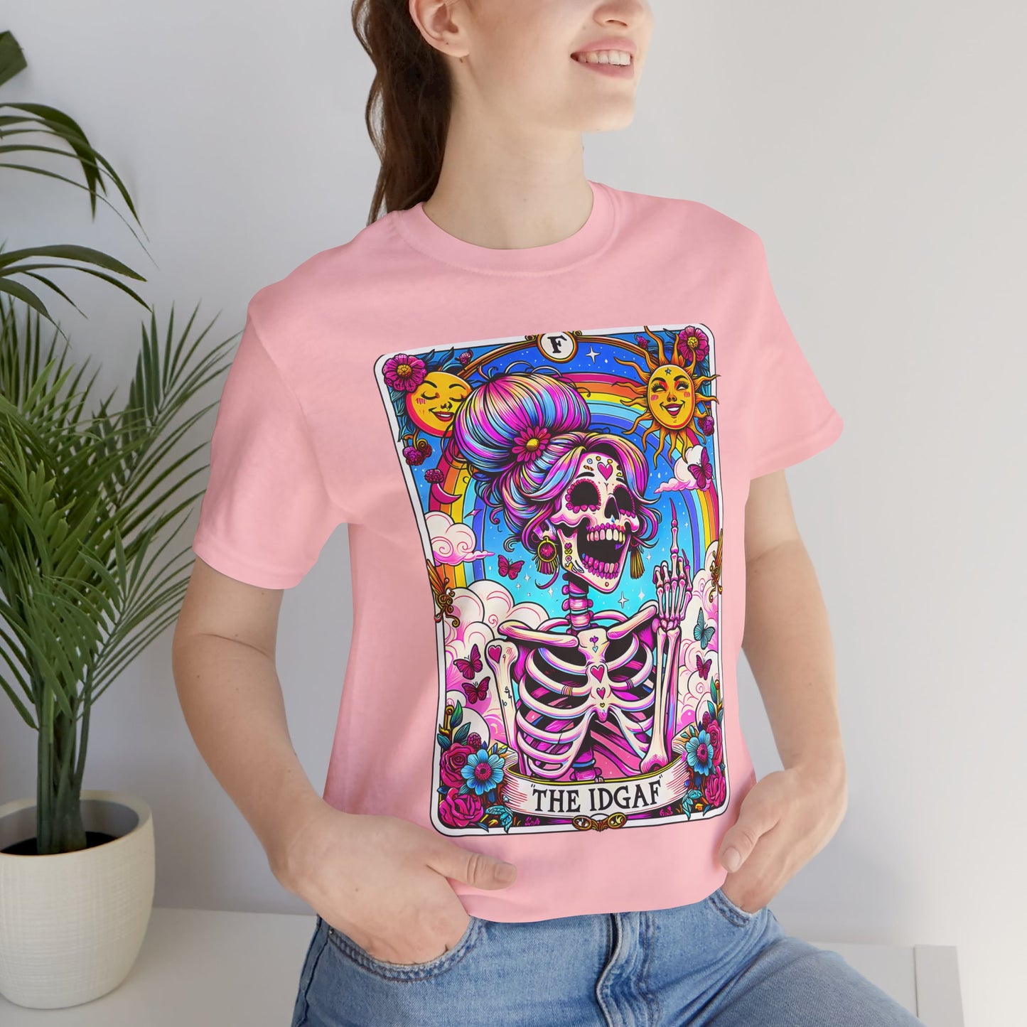 IDGAF Skeleton Art Unisex Jersey Tee - Colorful Graphic T-Shirt for Day of the Dead & Everyday Vibes, The sarcastic Sweary TShirt, Trendy Skeleton Skull Tee Shirt, Sassy Funny Witchy TIDGAF Funny Tarot Card T-Shirt, Sa-Shirt,Sarcastic Tee Shirt