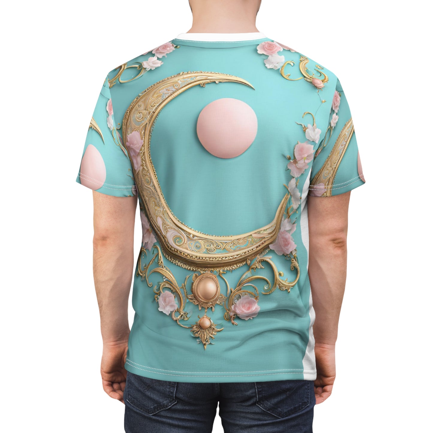 Elegant Moon & Floral Unisex Tee - Stylish Cut & Sew Design, Elegant Crescent Moon AOP Shirt