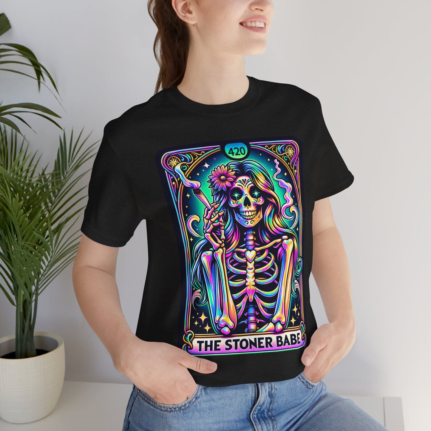 'The Stoner Babe' Unisex Jersey Tee – Colorful Skeleton Graphic for Cannabis Lovers, Stoner Babe Shirt,Stoner Mom Shirt,Organic Weed Shirt,Blaze It Shirt,Marijuana Shirt,Recreational Shirt,Stoner Shirt,Pothead Shirt,Weed