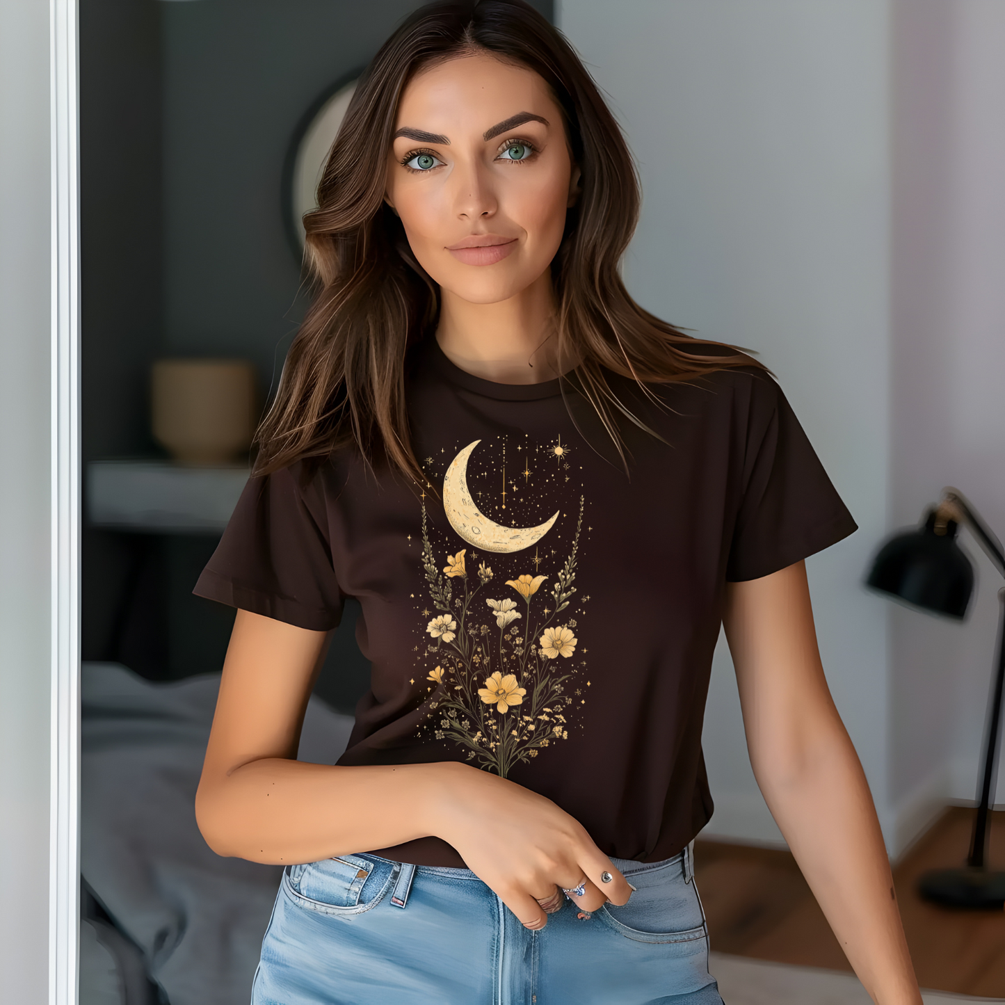 Moonlit Floral Unisex Softstyle T-Shirt - Night Sky Design for Nature Lovers, Celestial Cottage Core Shirt