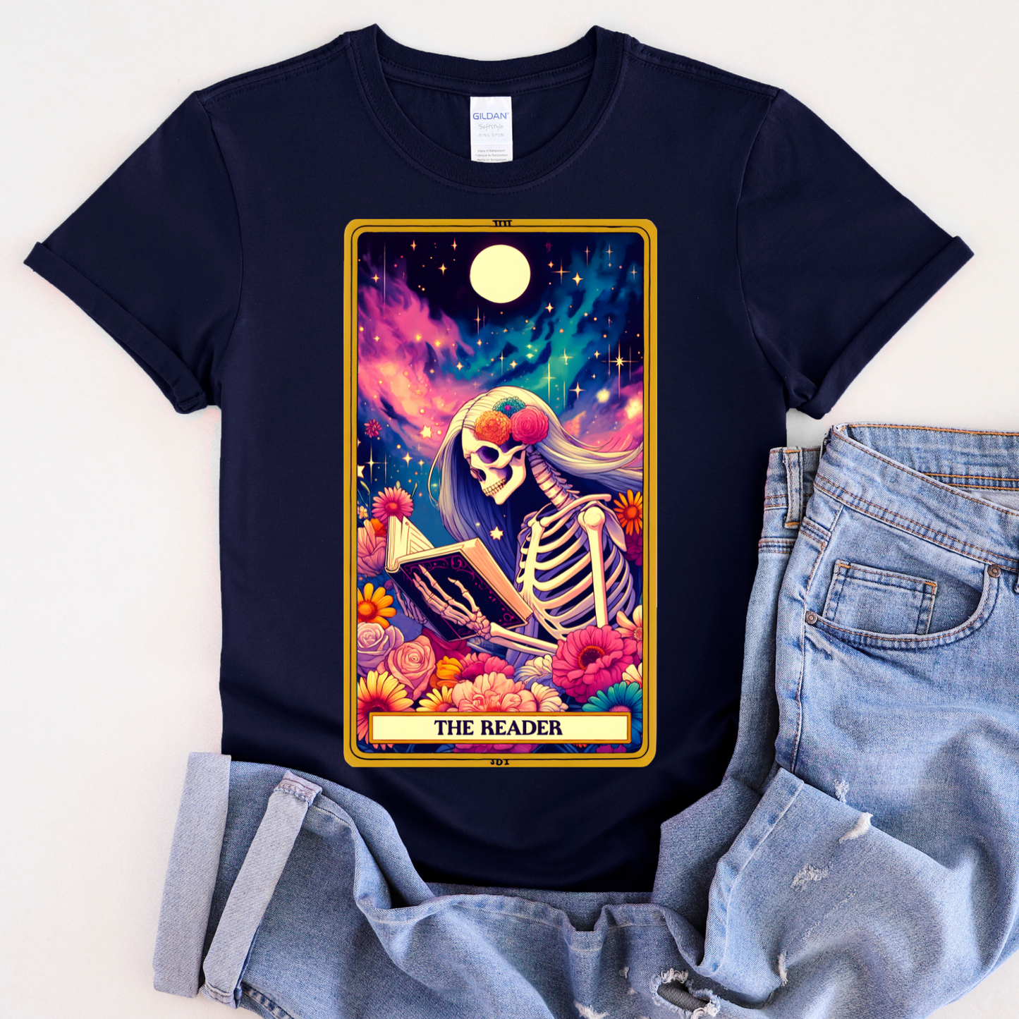 The Reader Skeleton Graphic Tee - Unisex Jersey Short Sleeve Shirt, The Reader Tarot Card Shirt, Skeleton Reading Shirt, Reading Shirt, Tarot Card Shirt, Book Lover Gift, Bookish Gift, Tarot Lover Gift