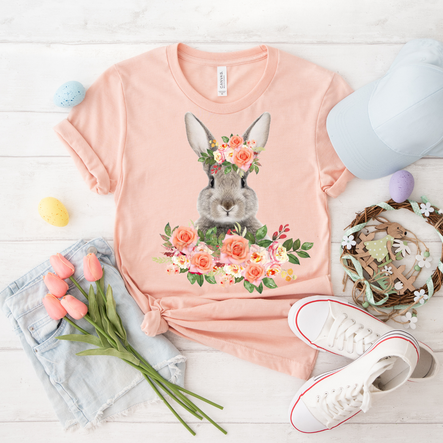 Floral Bunny T-Shirt, Spring Fashion, Garden Party Top, Easter Gift, Nature Lover's Tee, Animal Art Shirt