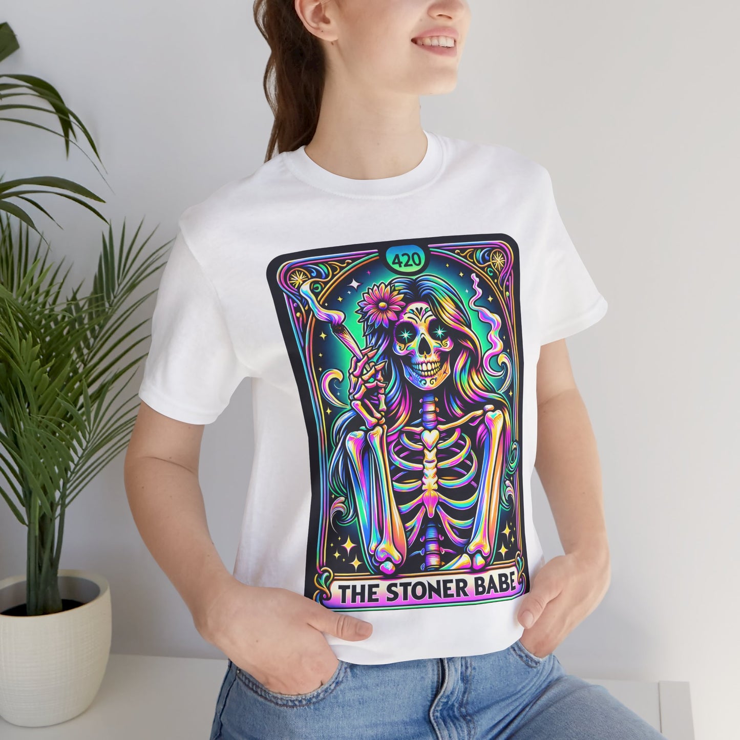 'The Stoner Babe' Unisex Jersey Tee – Colorful Skeleton Graphic for Cannabis Lovers, Stoner Babe Shirt,Stoner Mom Shirt,Organic Weed Shirt,Blaze It Shirt,Marijuana Shirt,Recreational Shirt,Stoner Shirt,Pothead Shirt,Weed