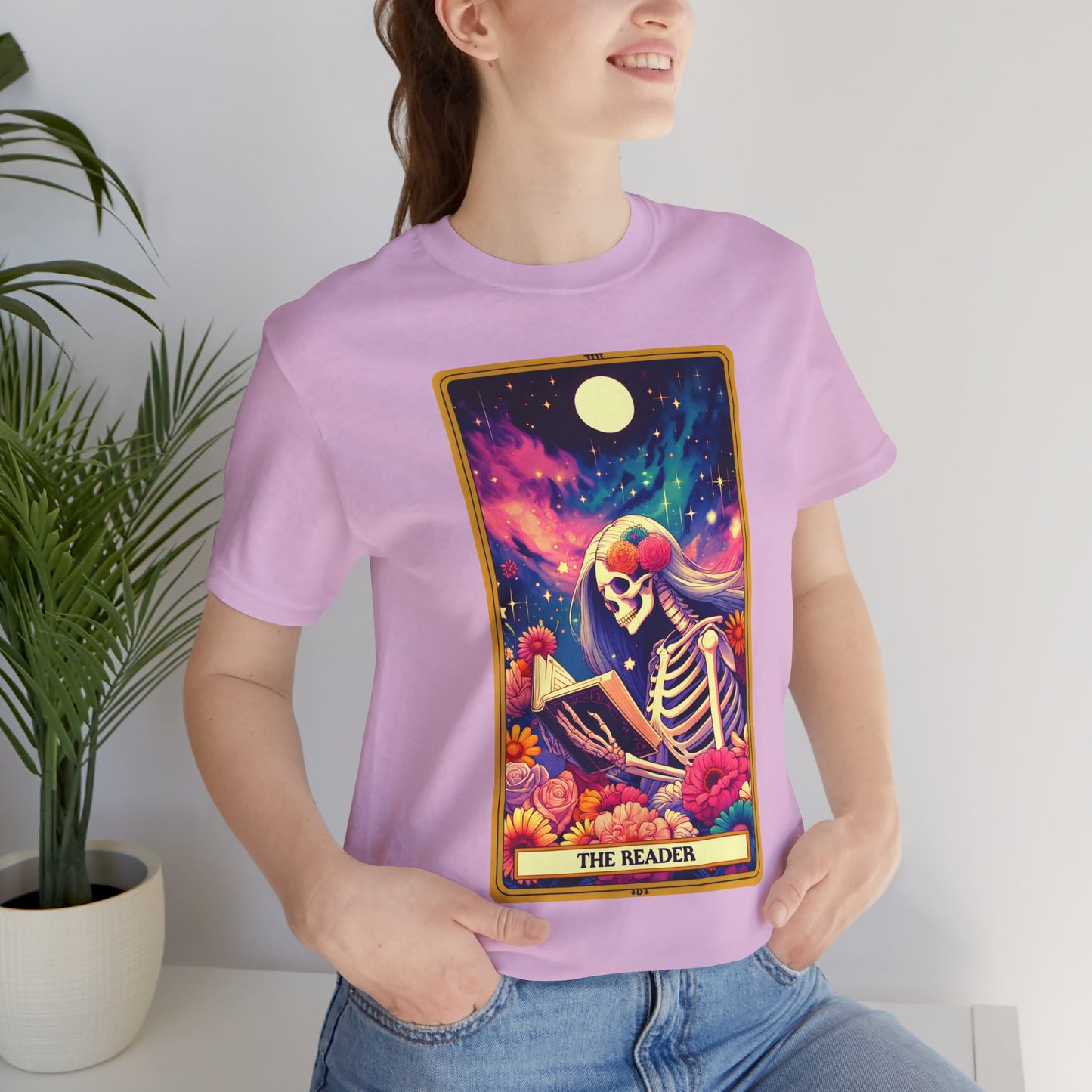 The Reader Skeleton Graphic Tee - Unisex Jersey Short Sleeve Shirt, The Reader Tarot Card Shirt, Skeleton Reading Shirt, Reading Shirt, Tarot Card Shirt, Book Lover Gift, Bookish Gift, Tarot Lover Gift