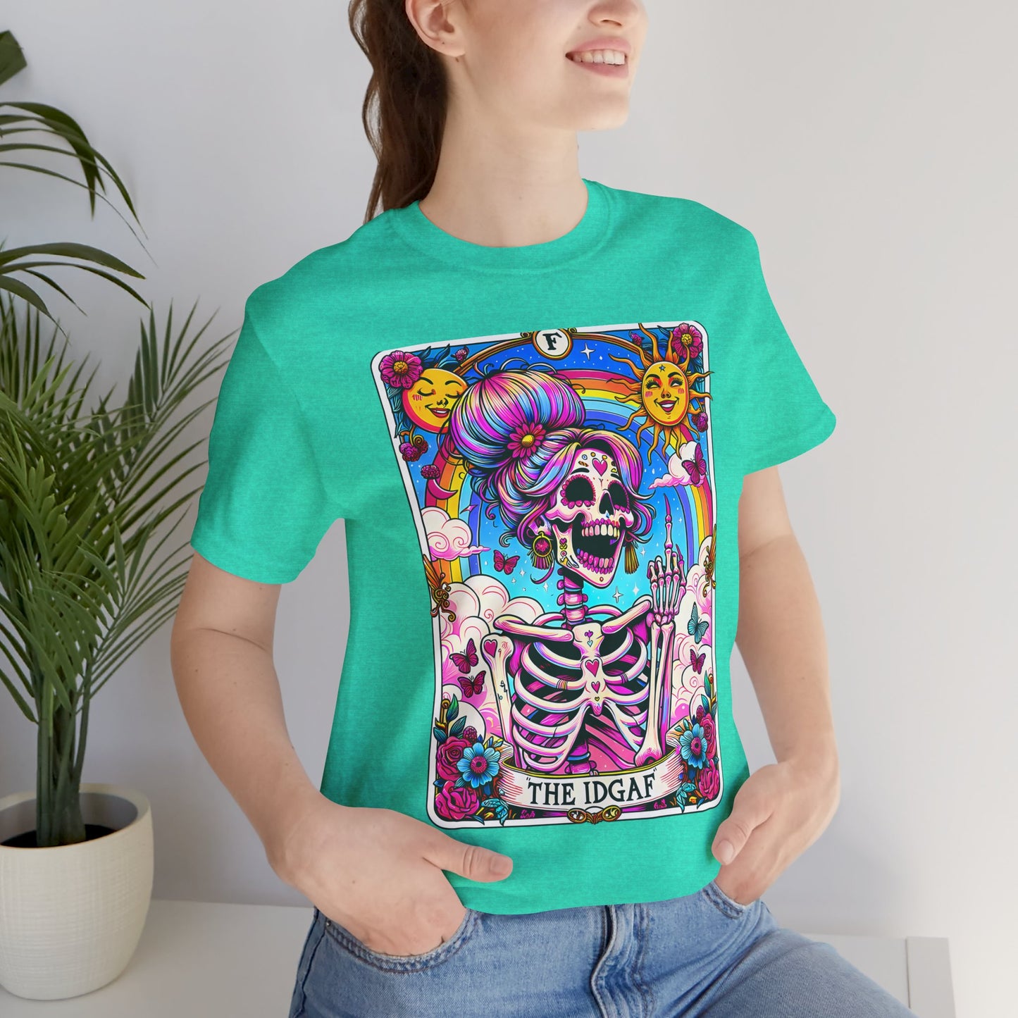 IDGAF Skeleton Art Unisex Jersey Tee - Colorful Graphic T-Shirt for Day of the Dead & Everyday Vibes, The sarcastic Sweary TShirt, Trendy Skeleton Skull Tee Shirt, Sassy Funny Witchy TIDGAF Funny Tarot Card T-Shirt, Sa-Shirt,Sarcastic Tee Shirt