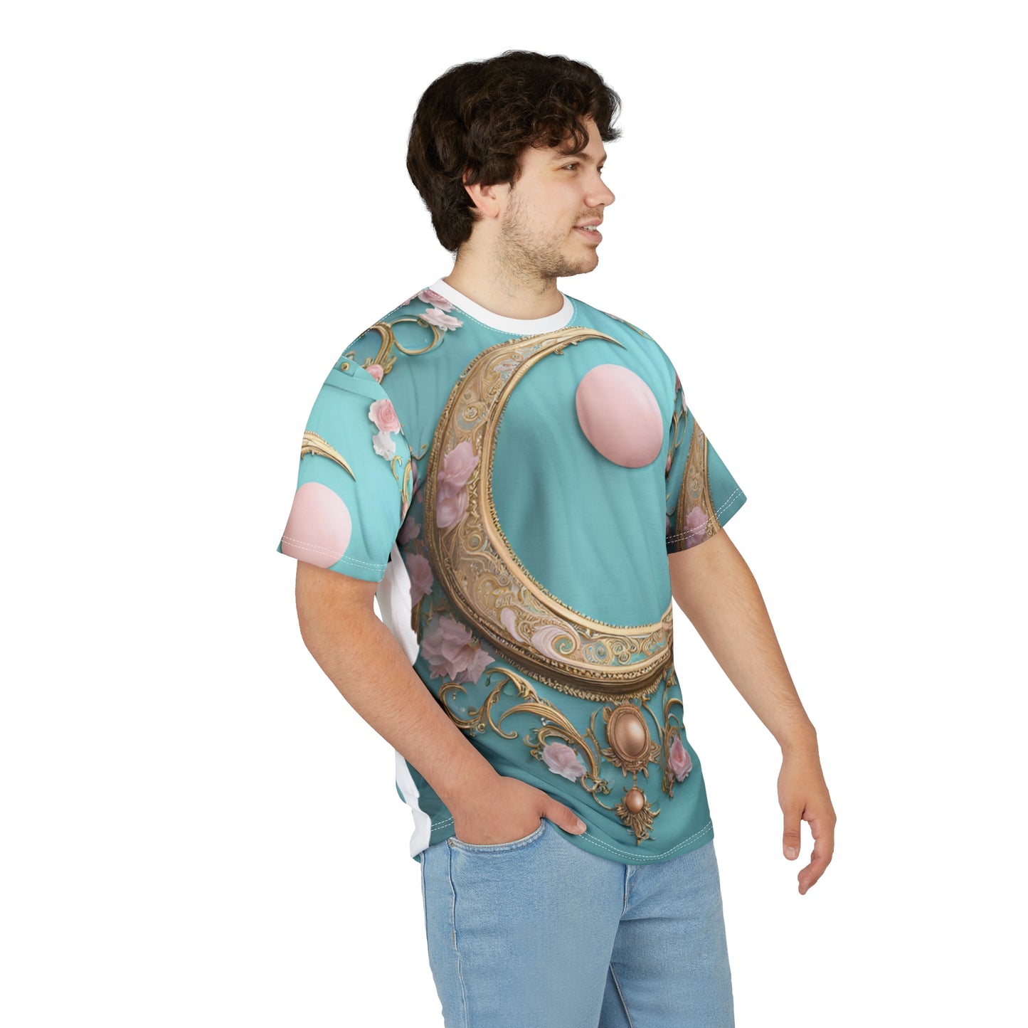 Elegant Moon & Floral Unisex Tee - Stylish Cut & Sew Design, Elegant Crescent Moon AOP Shirt