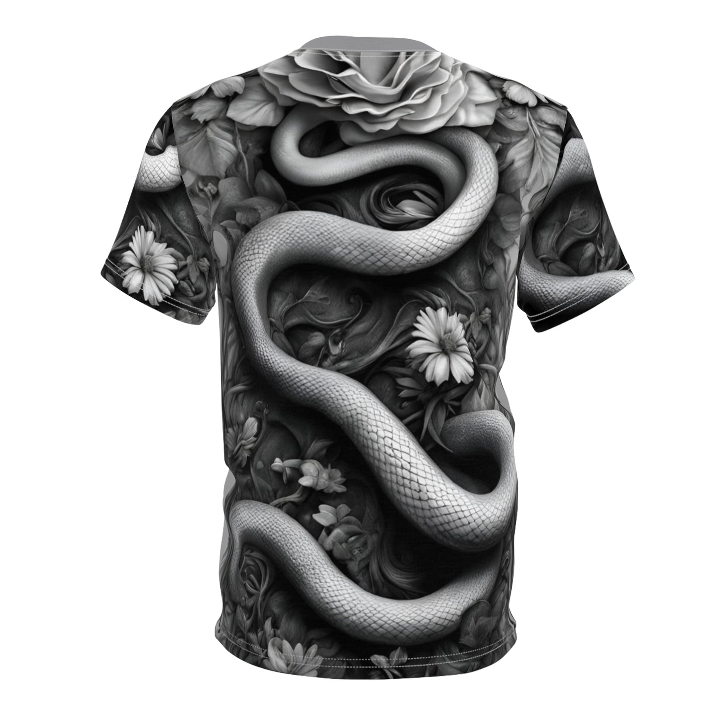 Serpent and Floral Unisex Tee - Stylish Graphic Shirt for Nature Lovers, Black and White Snake and Flowers AOP Shirt