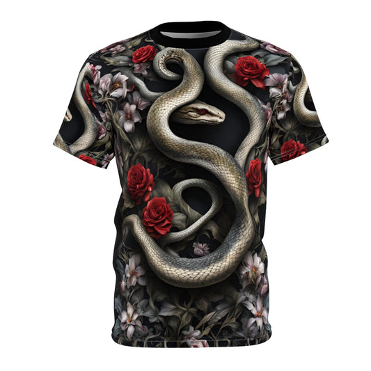 Serpent and Roses Unisex Tee - Edgy Floral Graphic Shirt