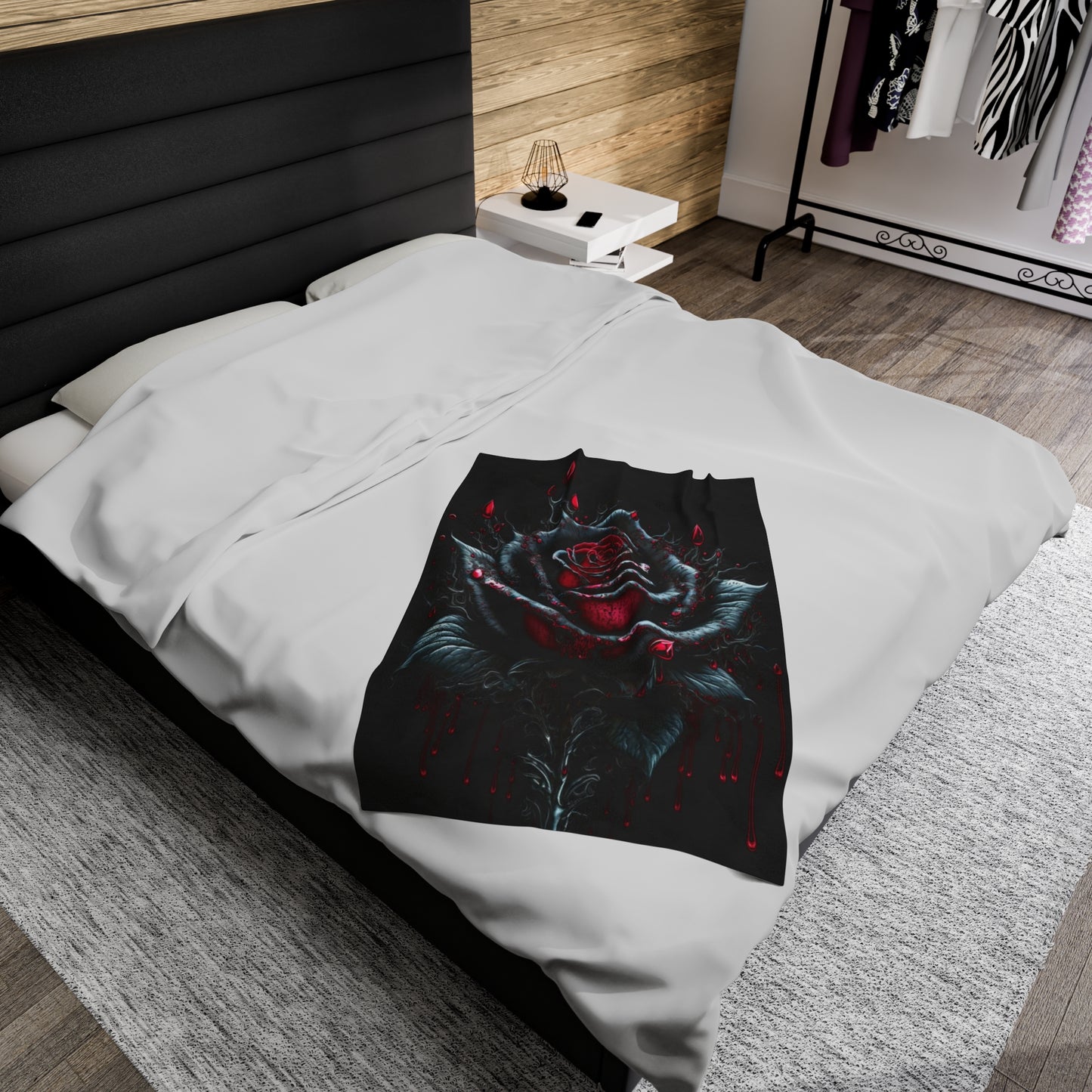 Velveteen Plush Black Dripping Rose Blanket, Black Dripping Rose Blanket, Black Rose Blanket, Gothic Rose Blanket, Dripping Rose Blanket