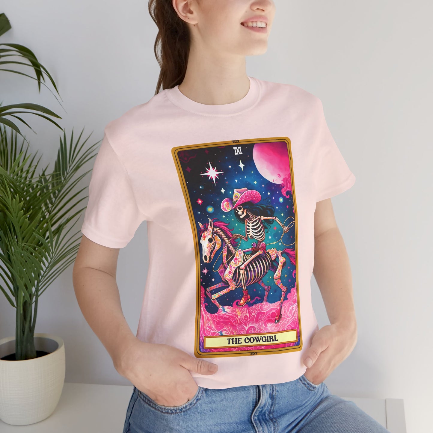 Cosmic Cowgirl Short Sleeve Tee - Retro Skeleton Design, The Cowgirl Tarot Shirt Tarot Lover Tee Western Shirt Cowgirl Tee Friend Gift Western Skeleton Tee Unisex Family Birthday Gift For Her