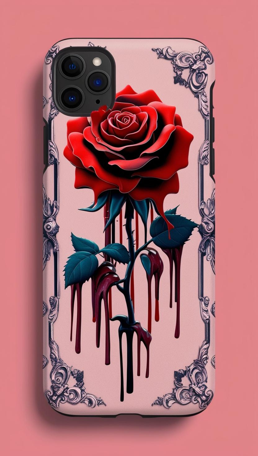 Gothic Floral Phone Case - Tough Cases with Red Rose Design, Gothic Red Rose with Dripping Blood Phone Case for iPhone, Samsung, and Google Pixel