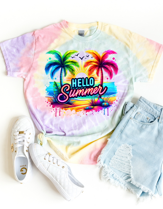 Hello Summer Tie-Dye Tee, Relaxed Fit T-Shirt for Beach Days, Summer Casual Wear, Vacation Apparel, Cozy Tie-Dye Shirt