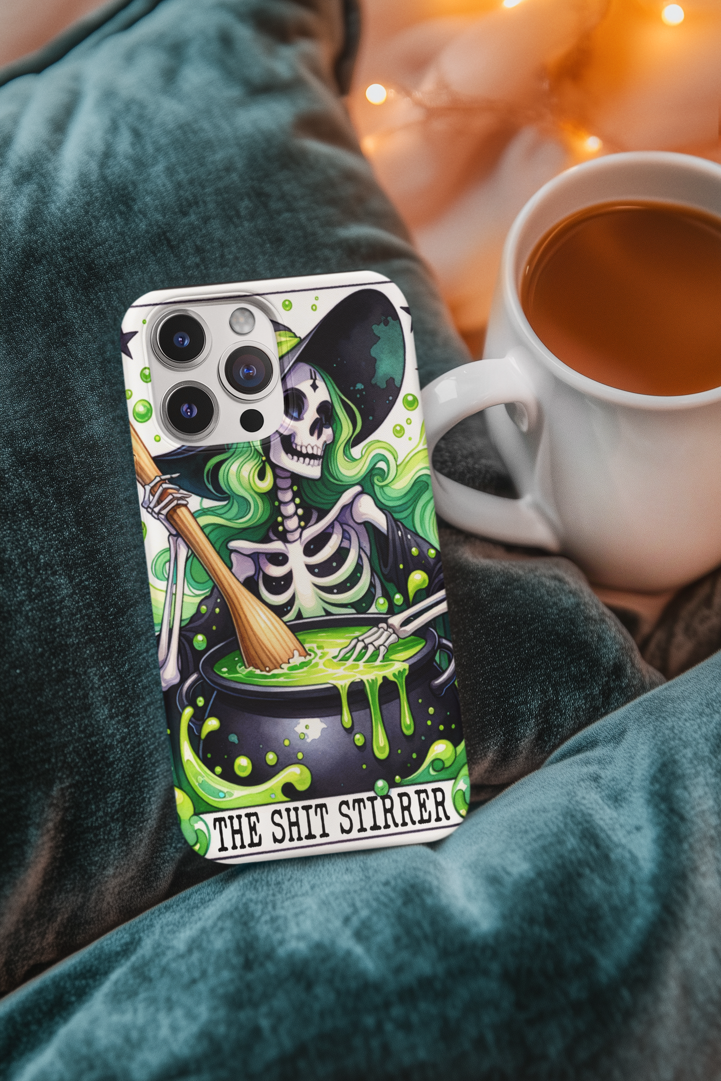 Gothic Phone Case - 'The Shit Stirrer' Skeleton Design for Halloween Lovers, The Shit Stirrer Tarot Card Phone Case, Witchy Phone for iPhone and Samsung