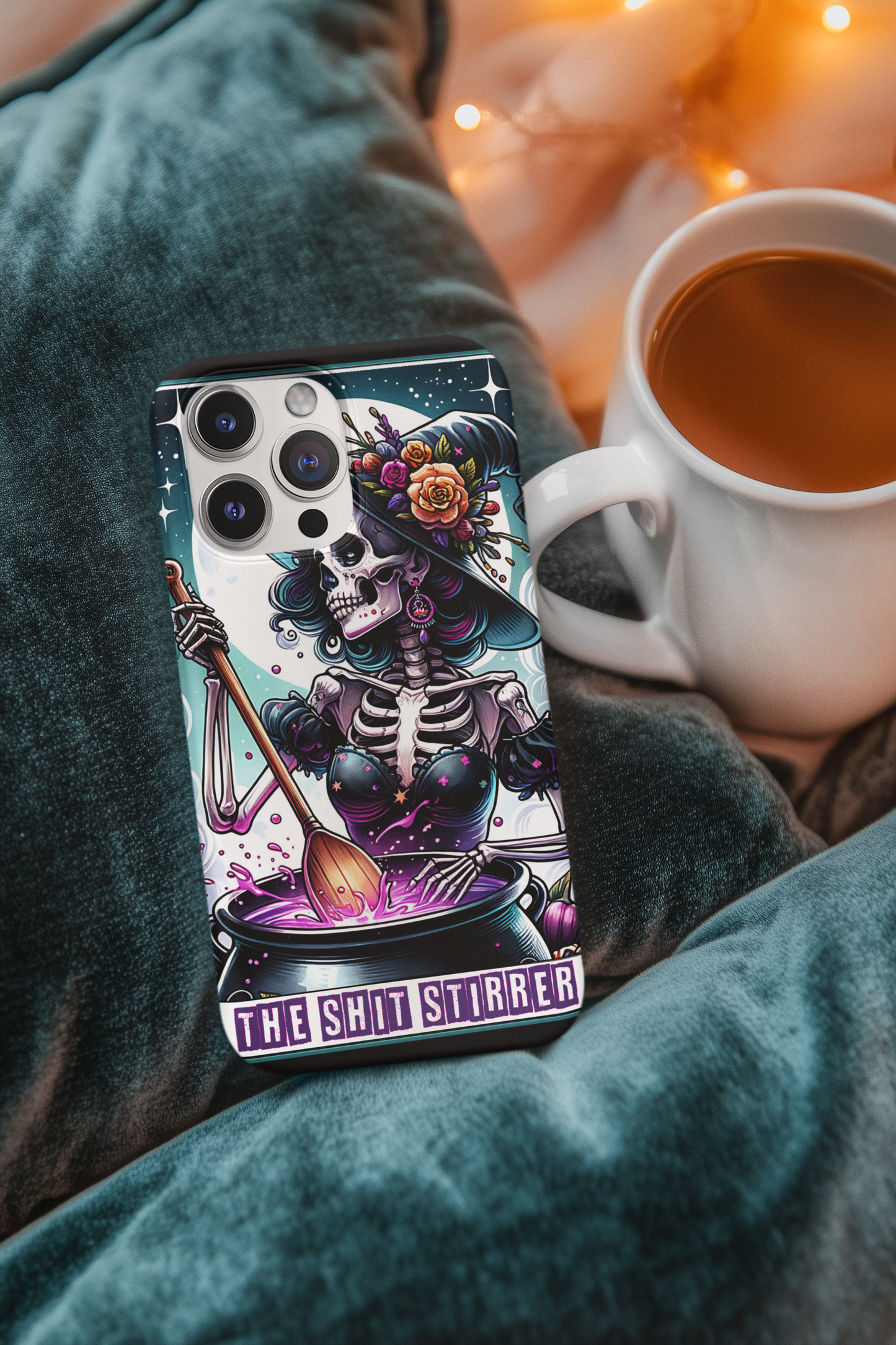 Gothic Phone Case - 'The Shit Stirrer' Skeleton Design for Halloween Lovers, The Shit Stirrer Tarot Card Phone Case, Witchy Phone for iPhone and Samsung