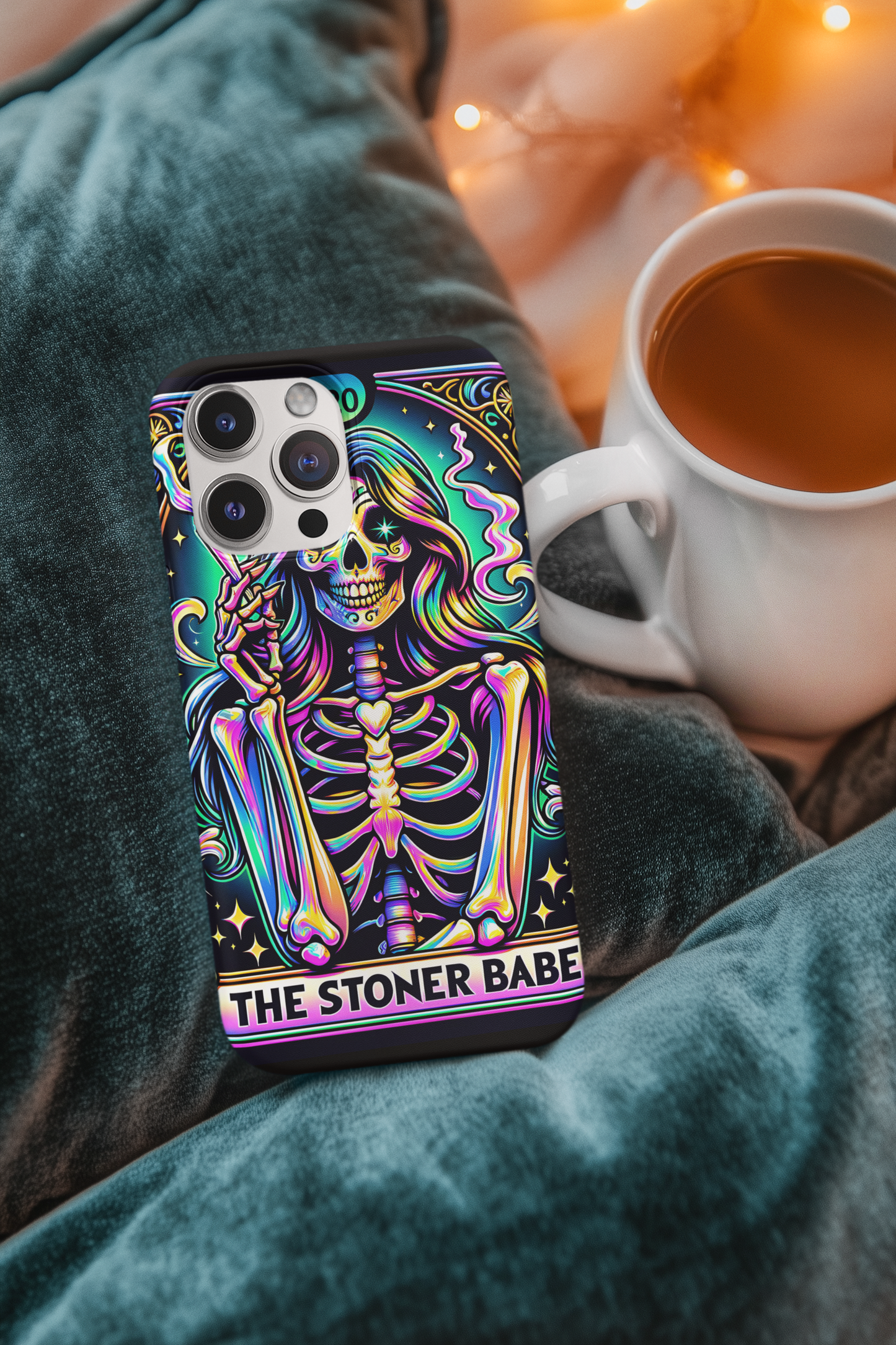 Stoner Babe Phone Case - Colorful Skeleton Design for Funky Vibes, 420 Babe Phone Case, Stoner Babe Tarot Card Phone Case, Weed Smoker Phone Case for her