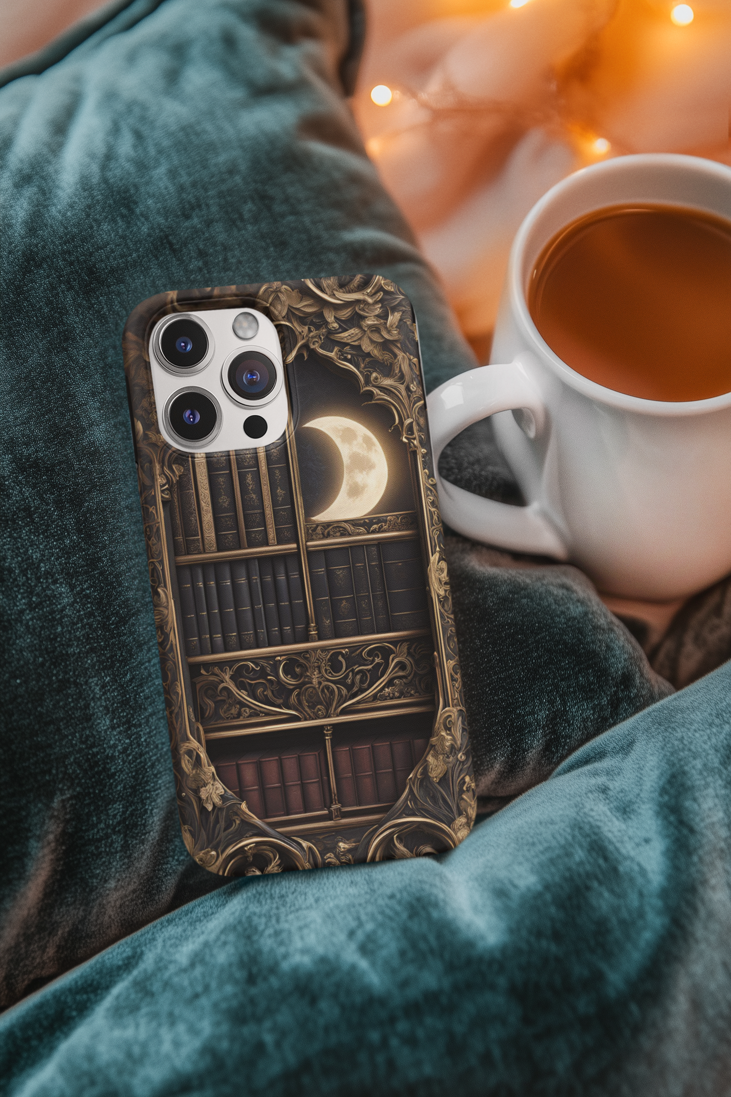 Gothic Bookshelf Phone Case, Gothic Library Crescent Moon Phone Case, Gothic Book Phone Case for Google, iPhone, and Samsung