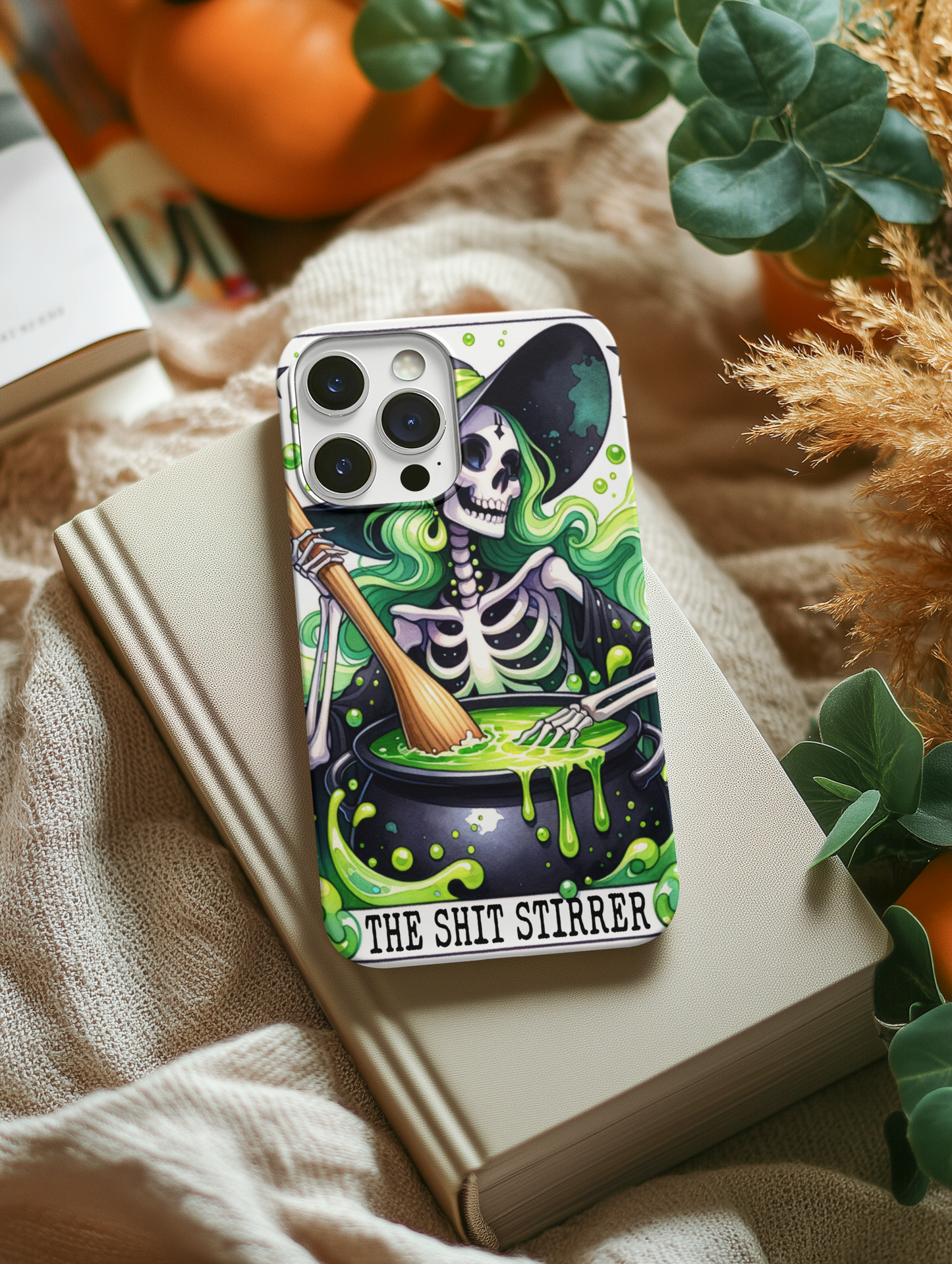 Gothic Phone Case - 'The Shit Stirrer' Skeleton Design for Halloween Lovers, The Shit Stirrer Tarot Card Phone Case, Witchy Phone for iPhone and Samsung