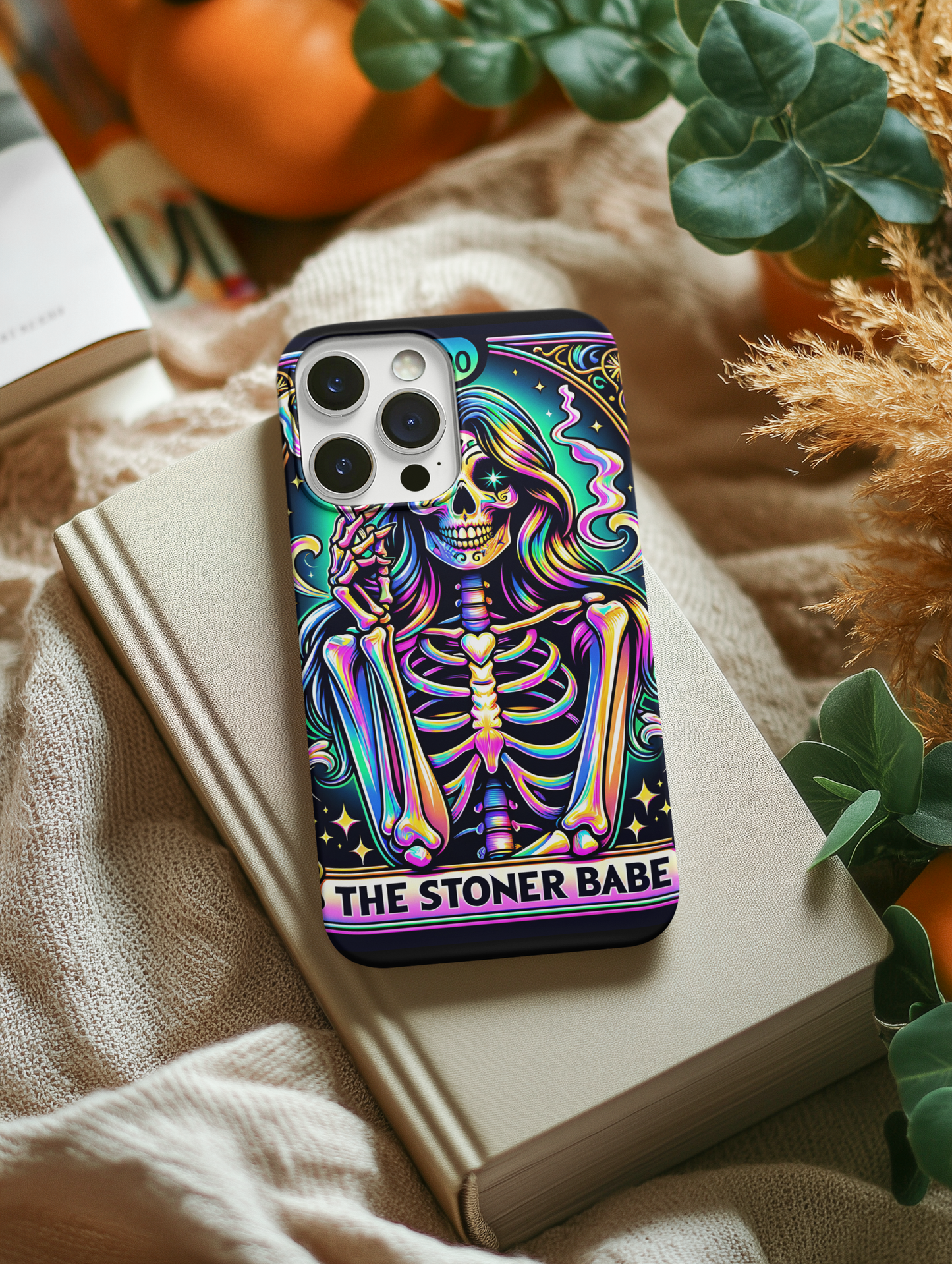 Stoner Babe Phone Case - Colorful Skeleton Design for Funky Vibes, 420 Babe Phone Case, Stoner Babe Tarot Card Phone Case, Weed Smoker Phone Case for her