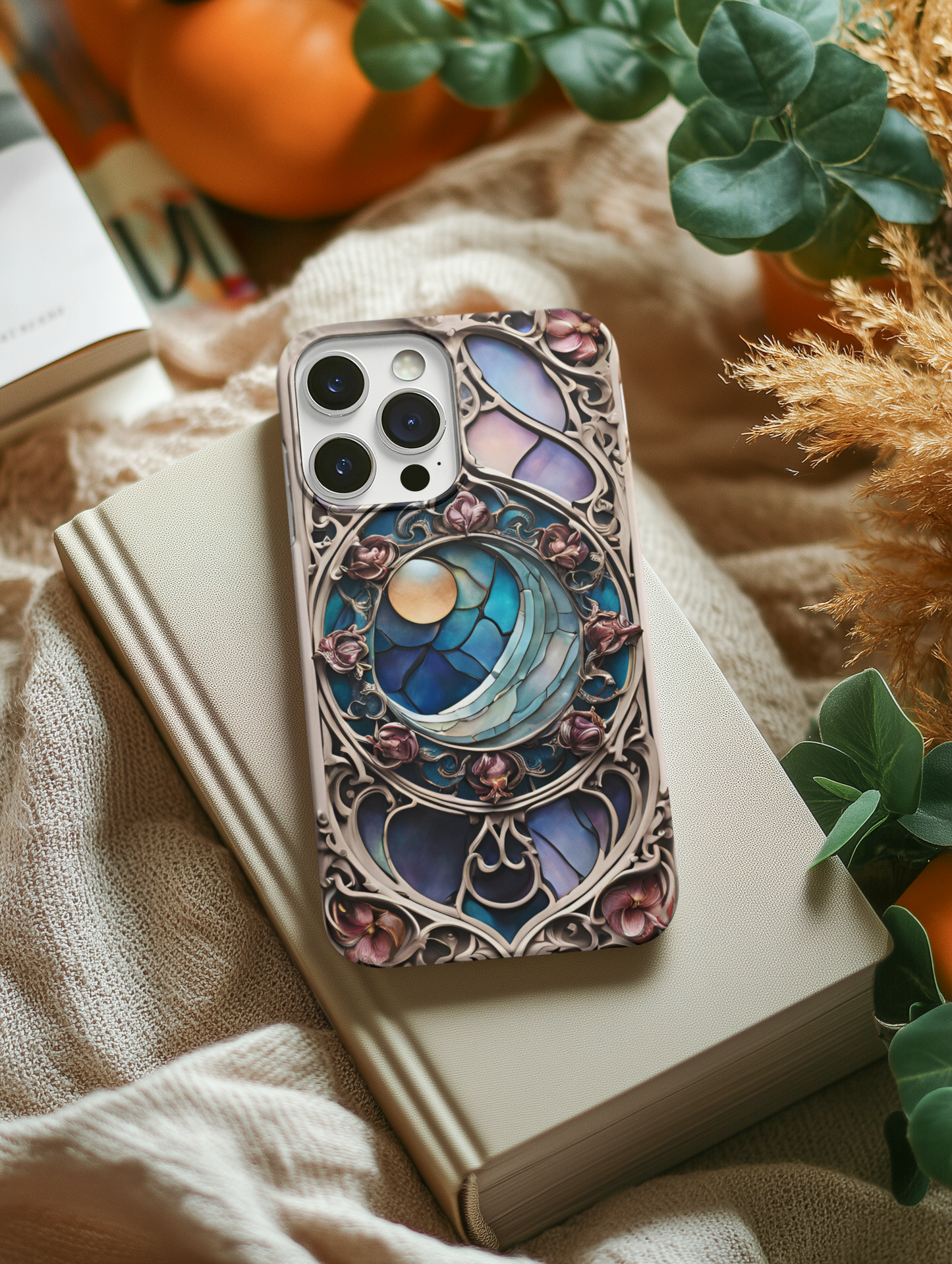 Artistic Moon & Floral Phone Case - Tough Cases,   Celestial Glass Stained design  Phone case for iPhone and Samsung, Glass Stained Crescent Moon iPhone and Samsung Phone Case