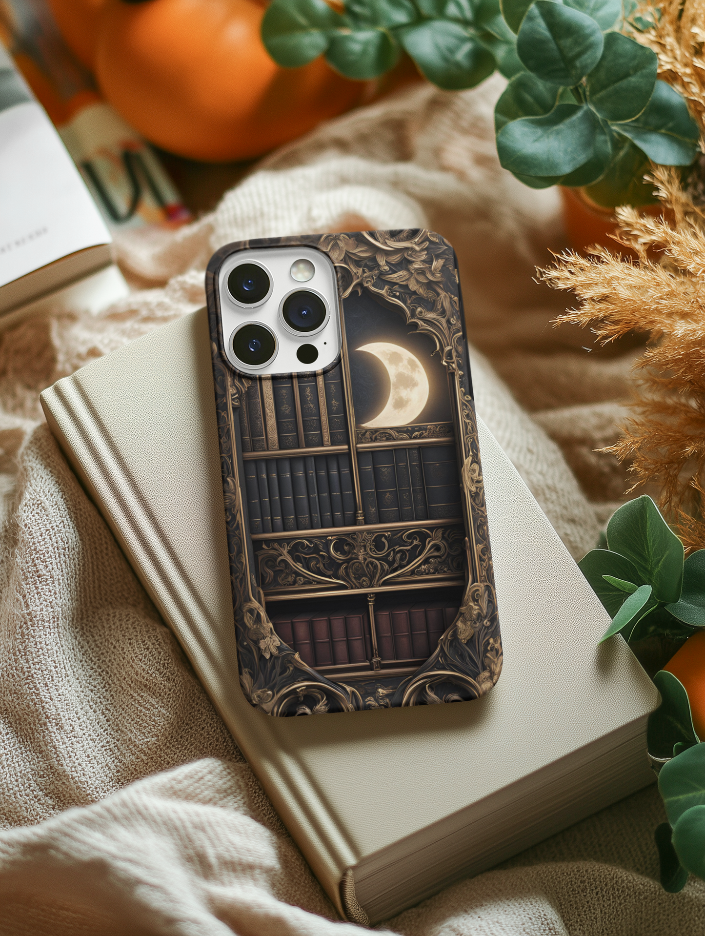 Gothic Bookshelf Phone Case, Gothic Library Crescent Moon Phone Case, Gothic Book Phone Case for Google, iPhone, and Samsung