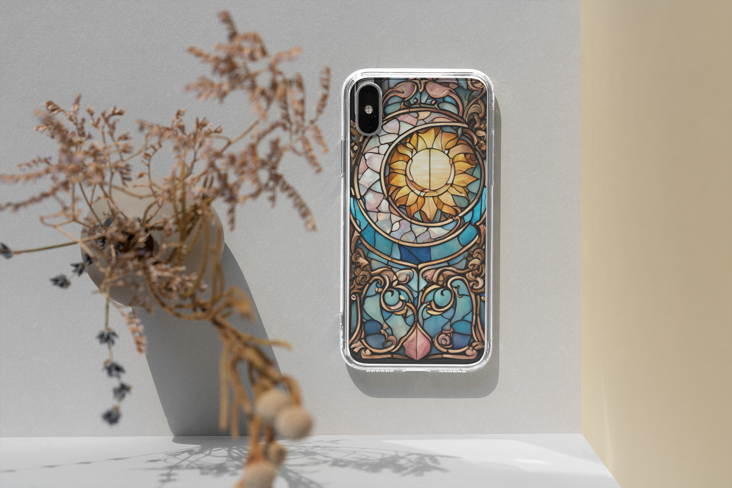 Artistic Moon & Floral Phone Case - Tough Cases,   Celestial Glass Stained design  Phone case for iPhone and Samsung, Glass Stained Crescent Moon iPhone and Samsung Phone Case