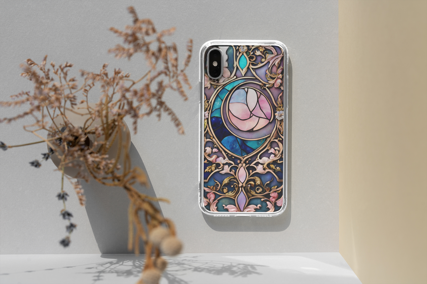 Artistic Moon & Floral Phone Case - Tough Cases,   Celestial Glass Stained design  Phone case for iPhone and Samsung, Glass Stained Crescent Moon iPhone and Samsung Phone Case