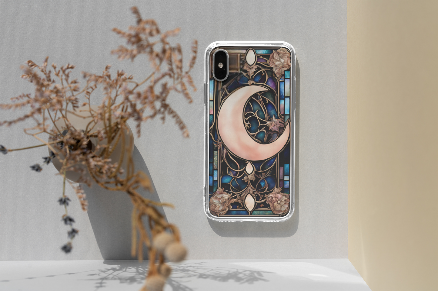 Artistic Moon & Floral Phone Case - Tough Cases,   Celestial Glass Stained design  Phone case for iPhone and Samsung, Glass Stained Crescent Moon iPhone and Samsung Phone Case